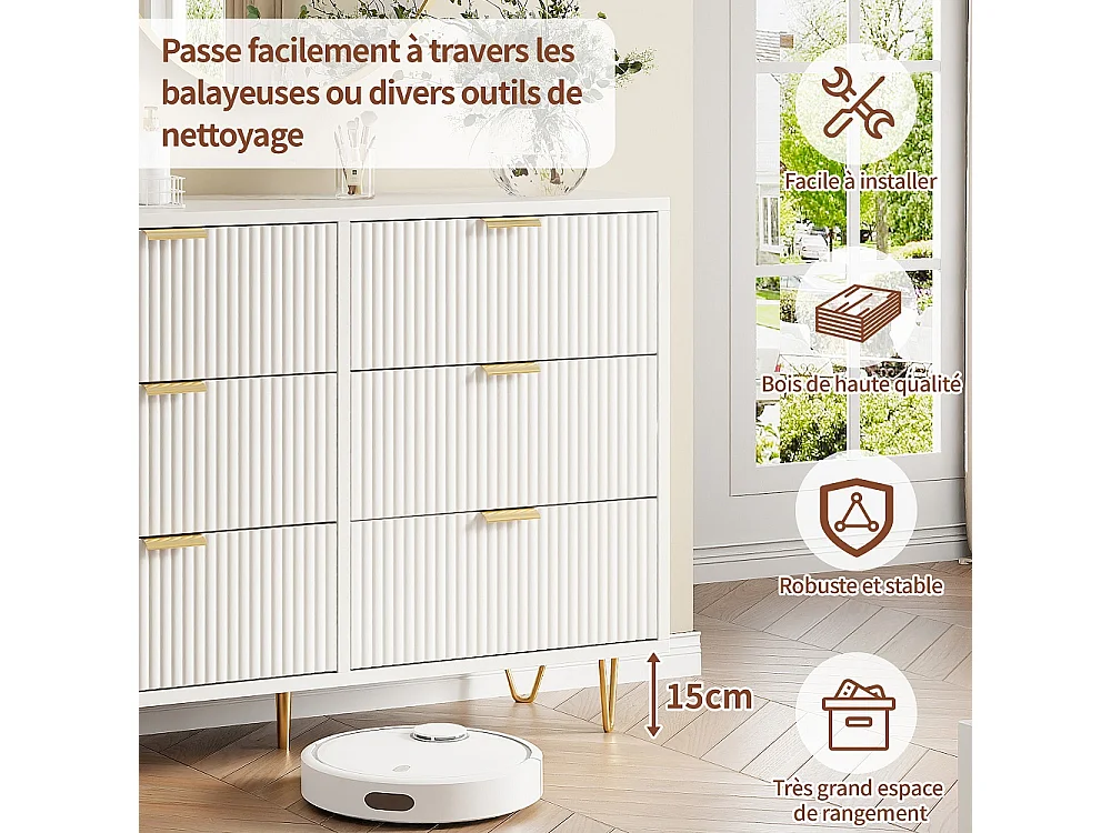 Armoire à 6 tiroirs - 100 x 34 x 73 cm - Coffre-fort avec pieds et poignées plaqués or - MDF - Blanc