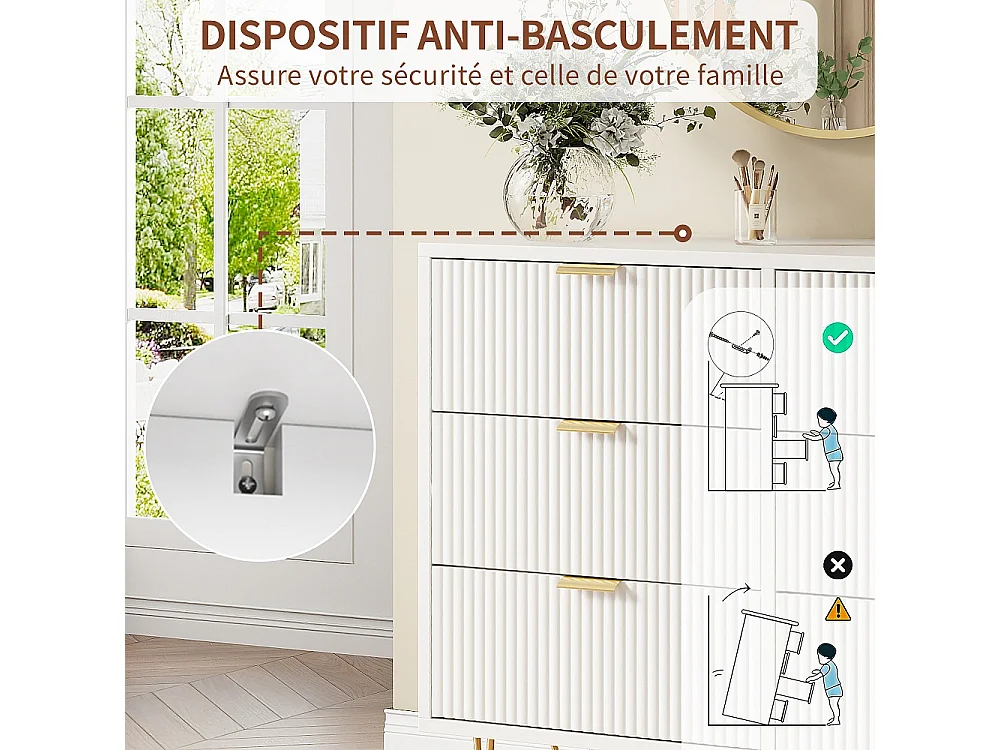 Armoire à 6 tiroirs - 100 x 34 x 73 cm - Coffre-fort avec pieds et poignées plaqués or - MDF - Blanc