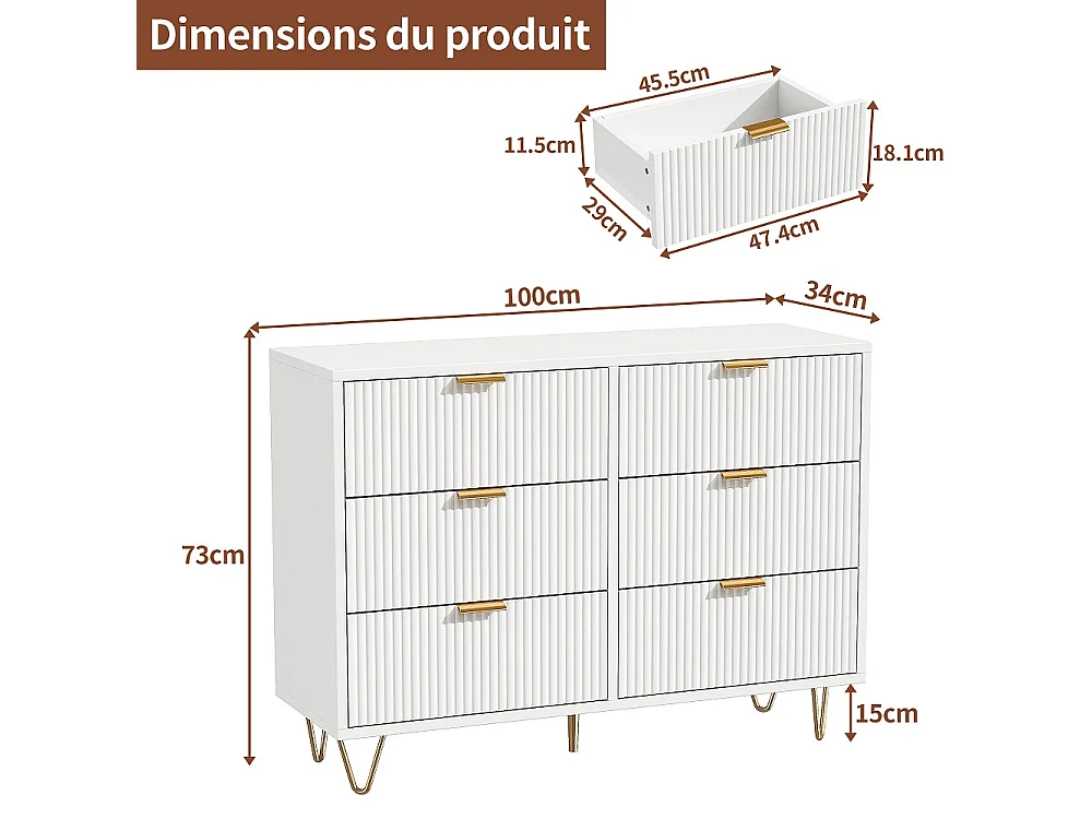 Armoire à 6 tiroirs - 100 x 34 x 73 cm - Coffre-fort avec pieds et poignées plaqués or - MDF - Blanc