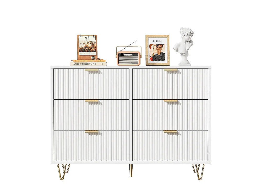 Armoire à 6 tiroirs - 100 x 34 x 73 cm - Coffre-fort avec pieds et poignées plaqués or - MDF - Blanc