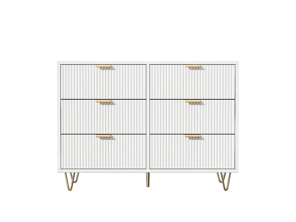 Armoire à 6 tiroirs - 100 x 34 x 73 cm - Coffre-fort avec pieds et poignées plaqués or - MDF - Blanc