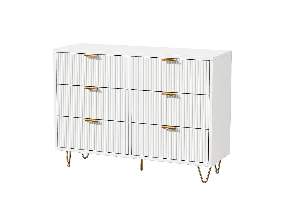 Armoire à 6 tiroirs - 100 x 34 x 73 cm - Coffre-fort avec pieds et poignées plaqués or - MDF - Blanc