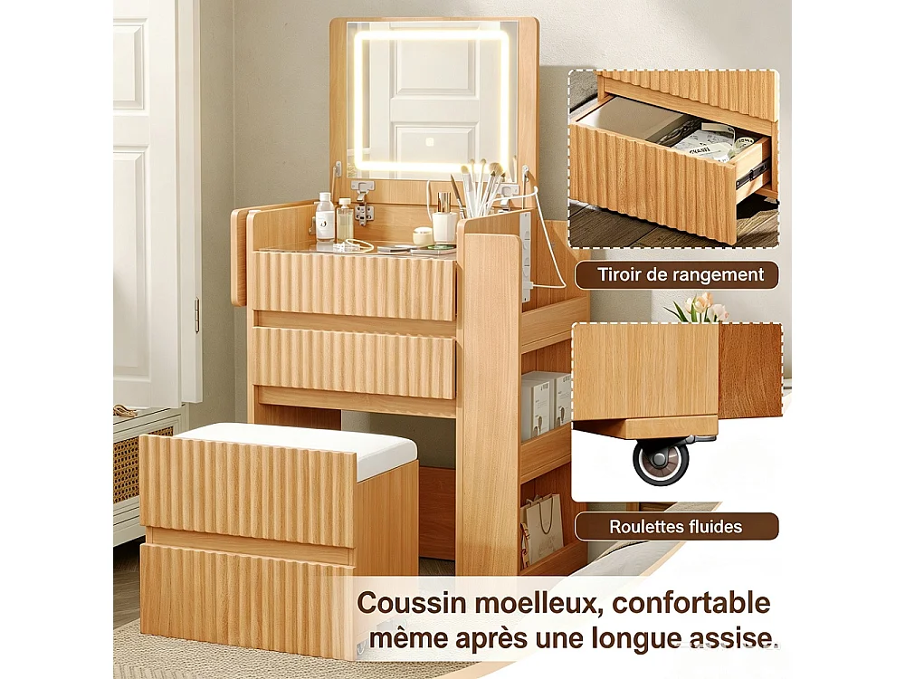 Petite table de maquillage avec miroir pliant LED - 79 × 40 × 120 cm - 2 prises, connecteur USB et Type-C, tabouret avec rouleaux, 3 tiroirs et table latérale pliab