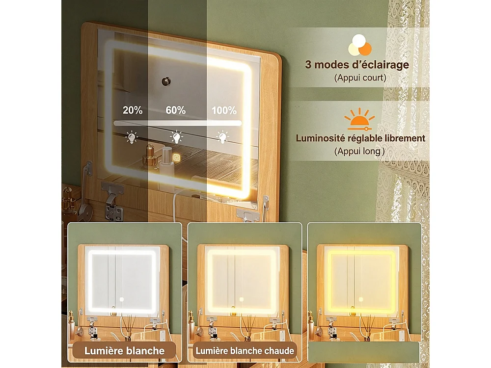 Petite table de maquillage avec miroir pliant LED - 79 × 40 × 120 cm - 2 prises, connecteur USB et Type-C, tabouret avec rouleaux, 3 tiroirs et table latérale pliab