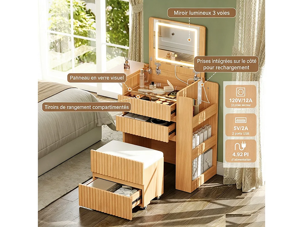 Petite table de maquillage avec miroir pliant LED - 79 × 40 × 120 cm - 2 prises, connecteur USB et Type-C, tabouret avec rouleaux, 3 tiroirs et table latérale pliab