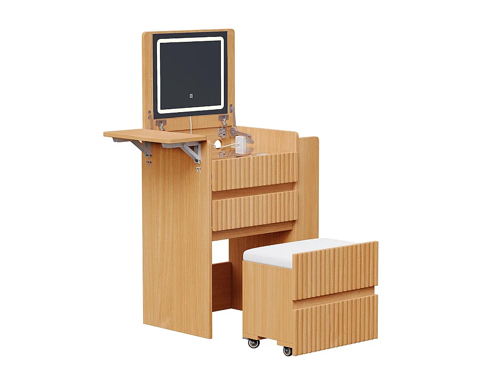 Petite table de maquillage avec miroir pliant LED - 79 × 40 × 120 cm - 2 prises, connecteur USB et Type-C, tabouret avec rouleaux, 3 tiroirs et table latérale pliab