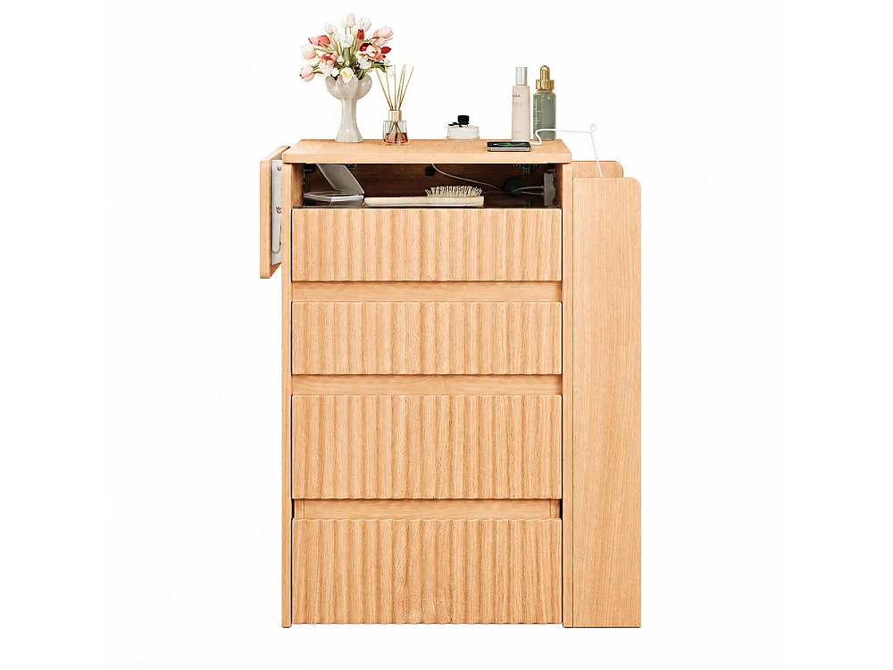 Petite table de maquillage avec miroir pliant LED - 79 × 40 × 120 cm - 2 prises, connecteur USB et Type-C, tabouret avec rouleaux, 3 tiroirs et table latérale pliab