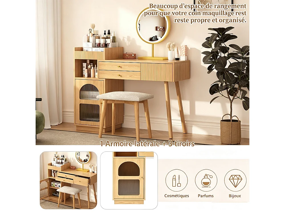 Table cosmétique 120 x 40 x 90 cm - table de maquillage avec miroir LED et éclairage 3 couleurs - en bois (sans tabouret)