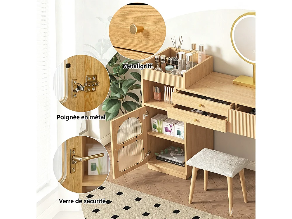 Table cosmétique 120 x 40 x 90 cm - table de maquillage avec miroir LED et éclairage 3 couleurs - en bois (sans tabouret)