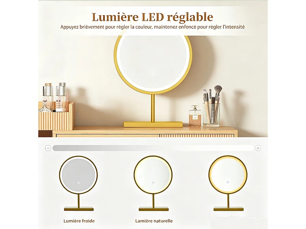 Table cosmétique 120 x 40 x 90 cm - table de maquillage avec miroir LED et éclairage 3 couleurs - en bois (sans tabouret)