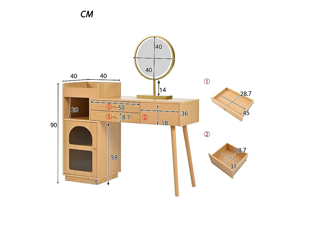 Table cosmétique 120 x 40 x 90 cm - table de maquillage avec miroir LED et éclairage 3 couleurs - en bois (sans tabouret)