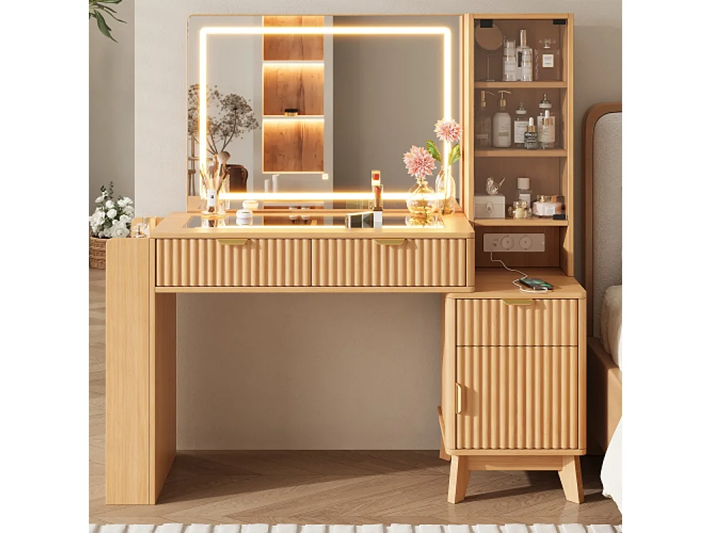 Table de maquillage avec miroir LED 133×136×40 cm-2 prises, connecteur USB et Type-C, compartiment de stockage latéral ouvert, 3 tiroirs, 1 porte en verre d'a