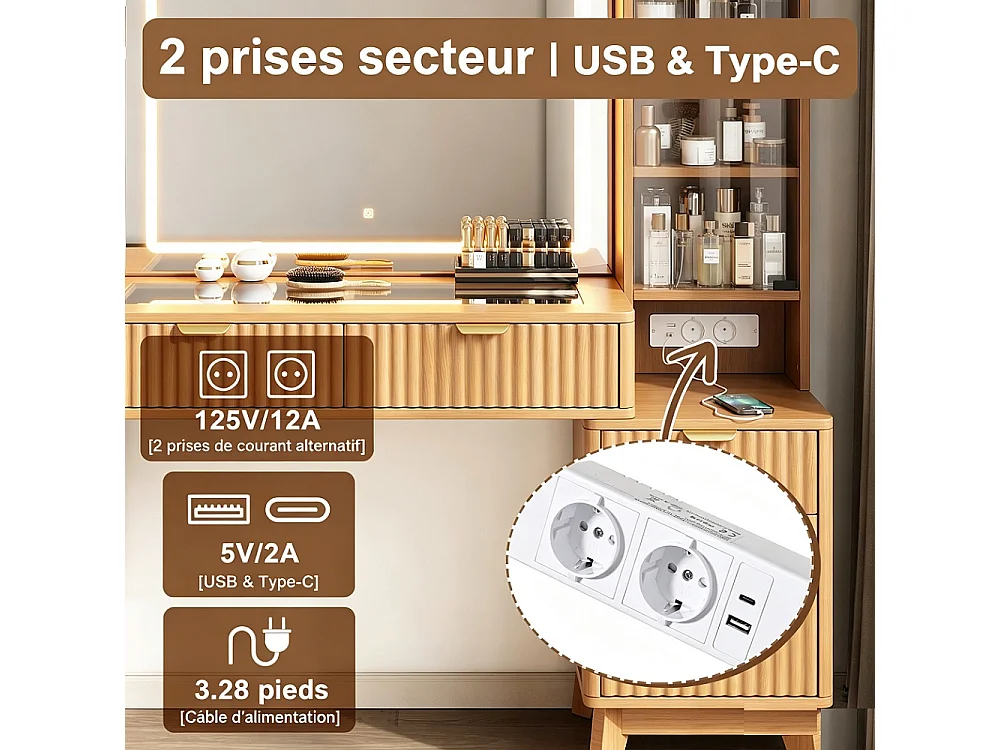 Table de maquillage avec miroir LED 133×136×40 cm-2 prises, connecteur USB et Type-C, compartiment de stockage latéral ouvert, 3 tiroirs, 1 porte en verre d'a
