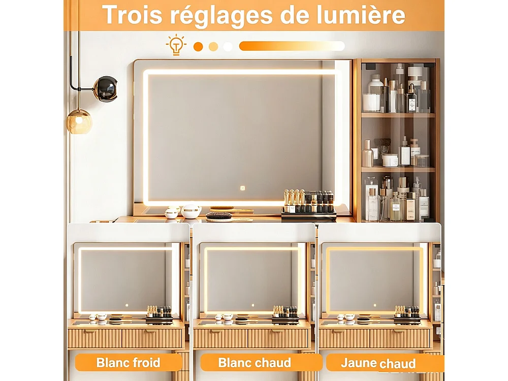 Table de maquillage avec miroir LED 133×136×40 cm-2 prises, connecteur USB et Type-C, compartiment de stockage latéral ouvert, 3 tiroirs, 1 porte en verre d'a