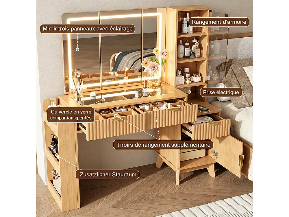 Table de maquillage avec miroir LED 133×136×40 cm-2 prises, connecteur USB et Type-C, compartiment de stockage latéral ouvert, 3 tiroirs, 1 porte en verre d'a