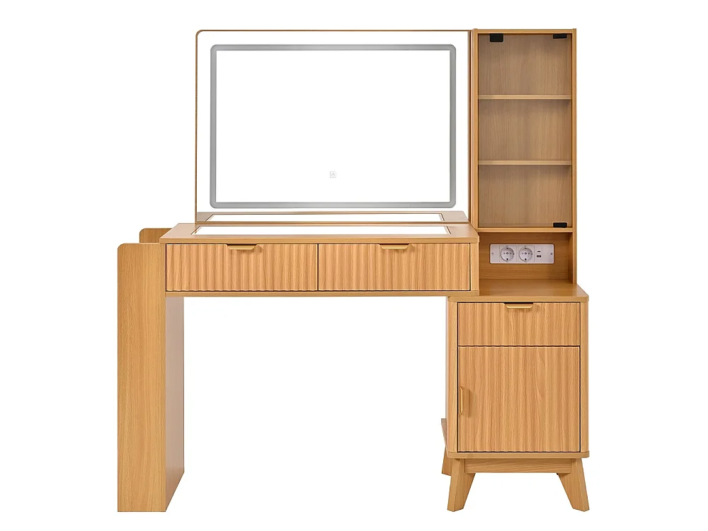 Table de maquillage avec miroir LED 133×136×40 cm-2 prises, connecteur USB et Type-C, compartiment de stockage latéral ouvert, 3 tiroirs, 1 porte en verre d'a
