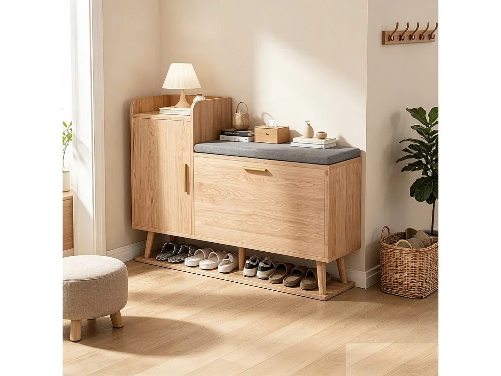 Armoire à chaussures - 100 x 30 x 69.5 cm - Porte-chaussures type flip avec coussin de siège - Banc à chaussures avec compartiments de rangement - Bois massif - ‌ c