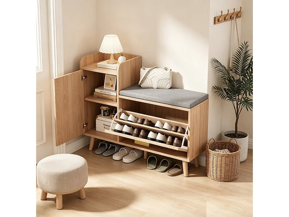 Armoire à chaussures - 100 x 30 x 69.5 cm - Porte-chaussures type flip avec coussin de siège - Banc à chaussures avec compartiments de rangement - Bois massif - ‌ c