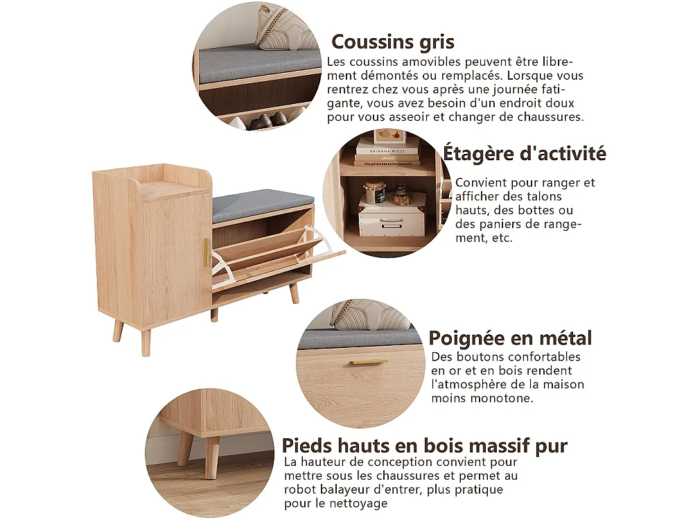 Armoire à chaussures - 100 x 30 x 69.5 cm - Porte-chaussures type flip avec coussin de siège - Banc à chaussures avec compartiments de rangement - Bois massif - ‌ c