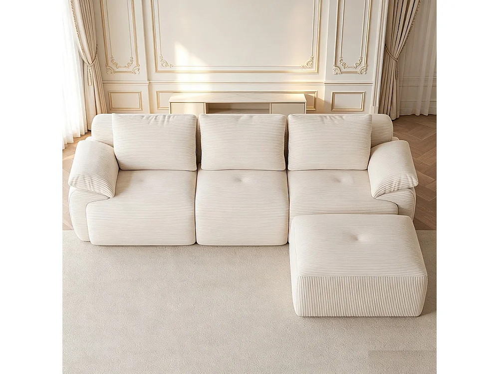 Canapé d'angle modulaire en forme de L - Canapé sans os avec fonction de sommeil, canapé d'angle, 3 dossiers et 4 coussins - Tissu corduroy - Beige