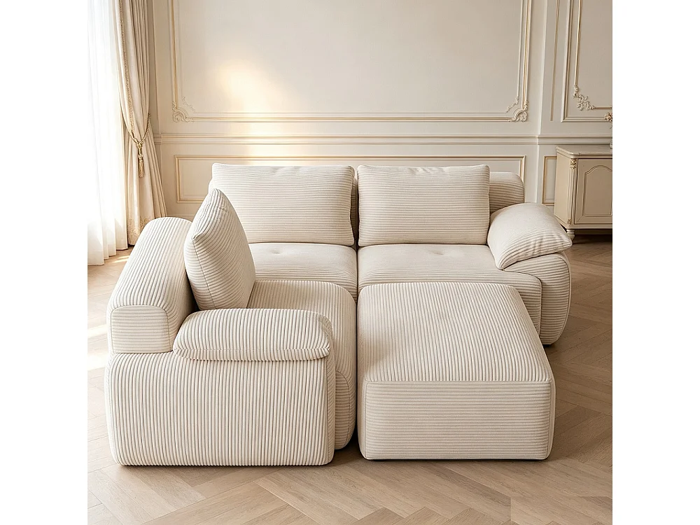 Canapé d'angle modulaire en forme de L - Canapé sans os avec fonction de sommeil, canapé d'angle, 3 dossiers et 4 coussins - Tissu corduroy - Beige