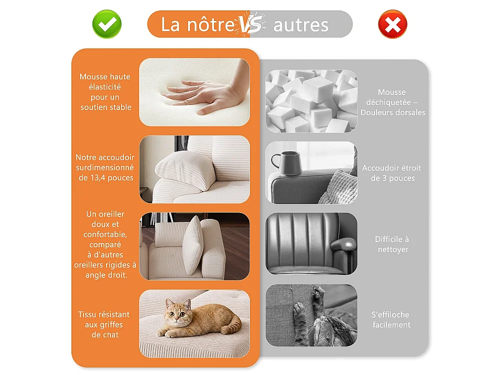 Canapé d'angle modulaire en forme de L - Canapé sans os avec fonction de sommeil, canapé d'angle, 3 dossiers et 4 coussins - Tissu corduroy - Beige