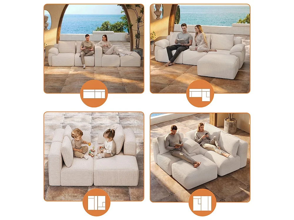 Canapé d'angle modulaire en forme de L - Canapé sans os avec fonction de sommeil, canapé d'angle, 3 dossiers et 4 coussins - Tissu corduroy - Beige