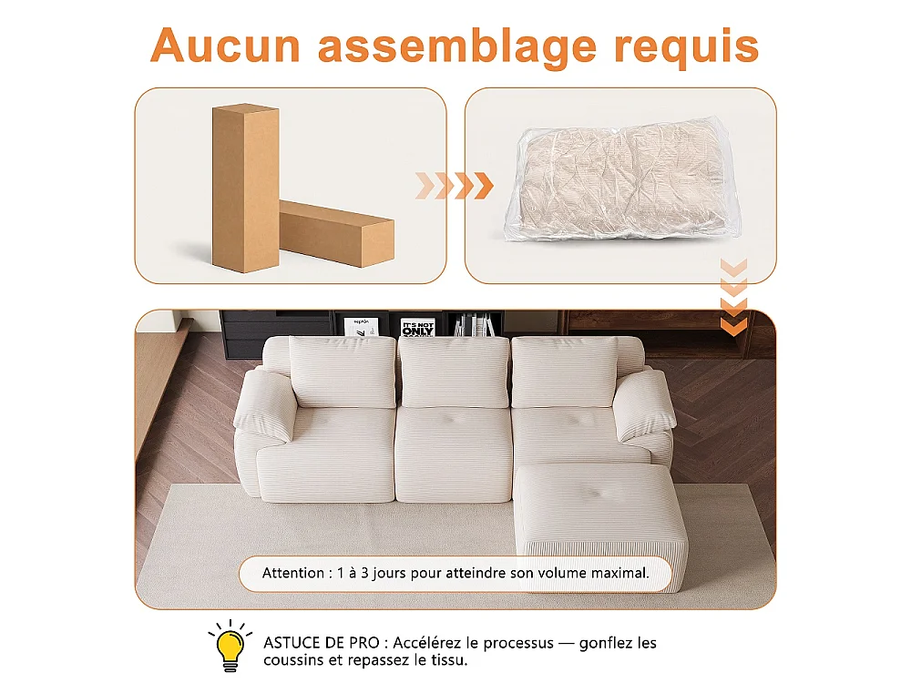 Canapé d'angle modulaire en forme de L - Canapé sans os avec fonction de sommeil, canapé d'angle, 3 dossiers et 4 coussins - Tissu corduroy - Beige