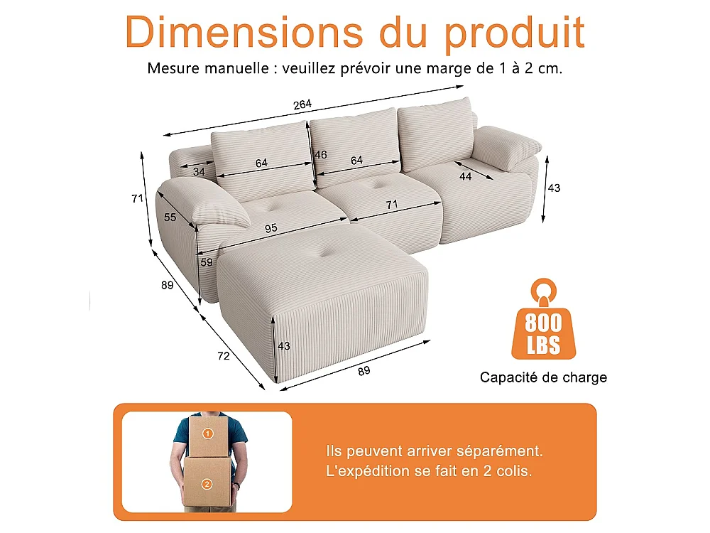 Canapé d'angle modulaire en forme de L - Canapé sans os avec fonction de sommeil, canapé d'angle, 3 dossiers et 4 coussins - Tissu corduroy - Beige