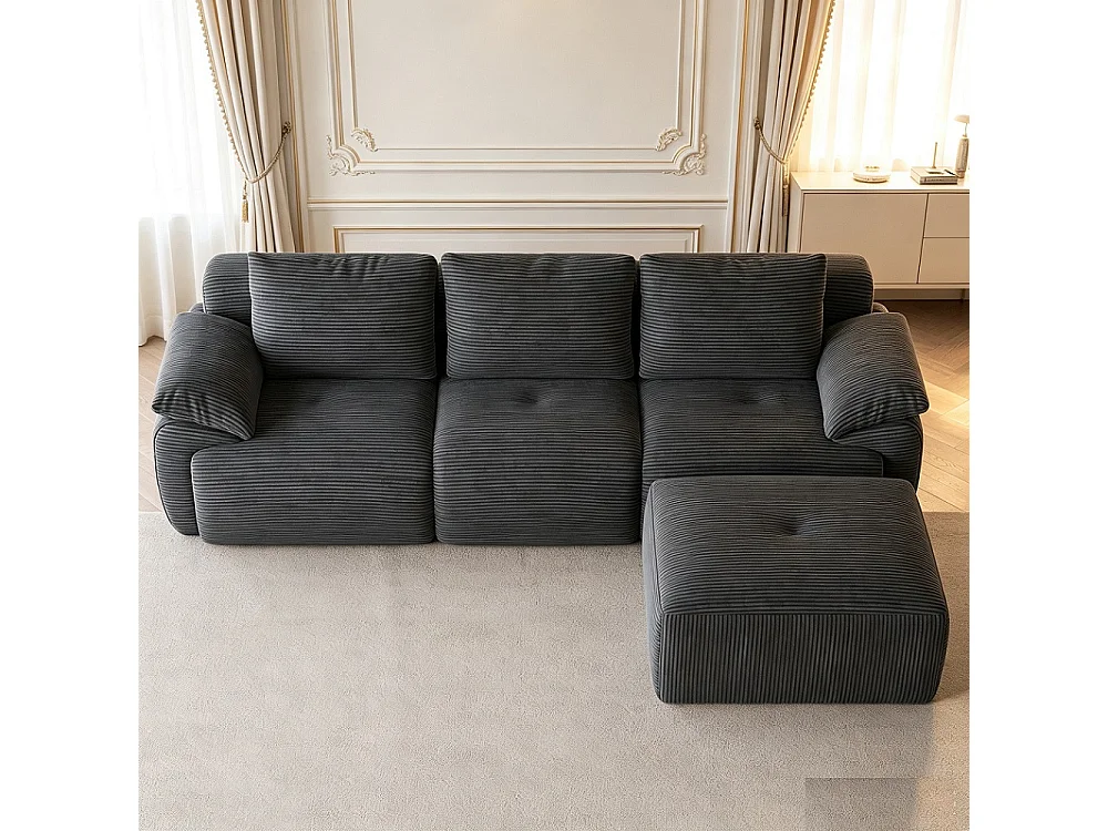 Canapé d'angle modulaire en forme de L - Canapé sans os avec fonction de sommeil, canapé d'angle, 3 dossiers et 4 coussins - Tissu Corduroy - Gris