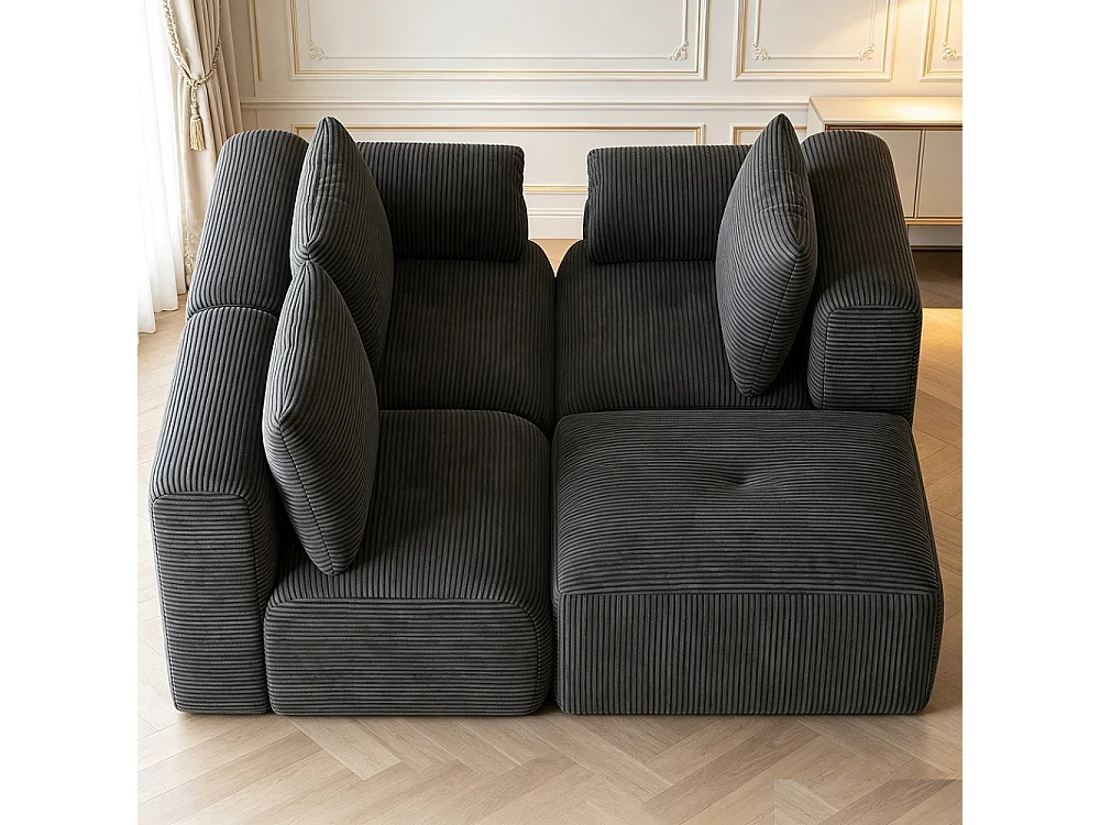 Canapé d'angle modulaire en forme de L - Canapé sans os avec fonction de sommeil, canapé d'angle, 3 dossiers et 4 coussins - Tissu Corduroy - Gris
