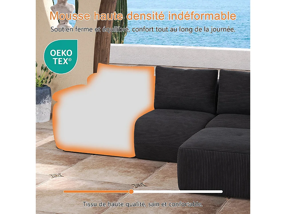 Canapé d'angle modulaire en forme de L - Canapé sans os avec fonction de sommeil, canapé d'angle, 3 dossiers et 4 coussins - Tissu Corduroy - Gris