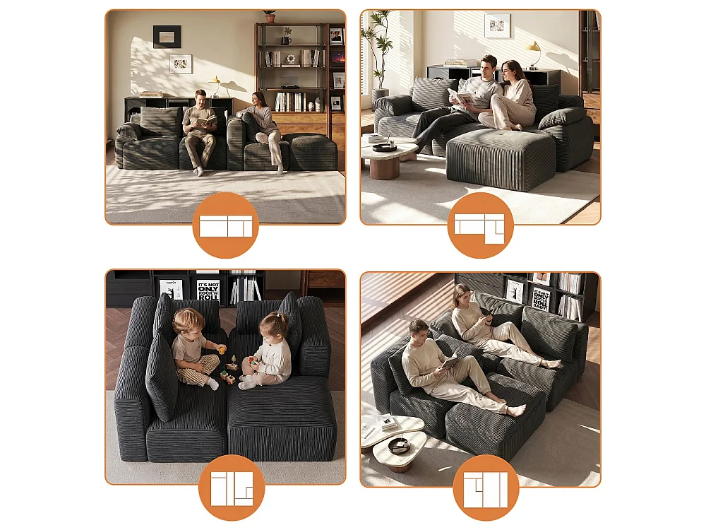 Canapé d'angle modulaire en forme de L - Canapé sans os avec fonction de sommeil, canapé d'angle, 3 dossiers et 4 coussins - Tissu Corduroy - Gris