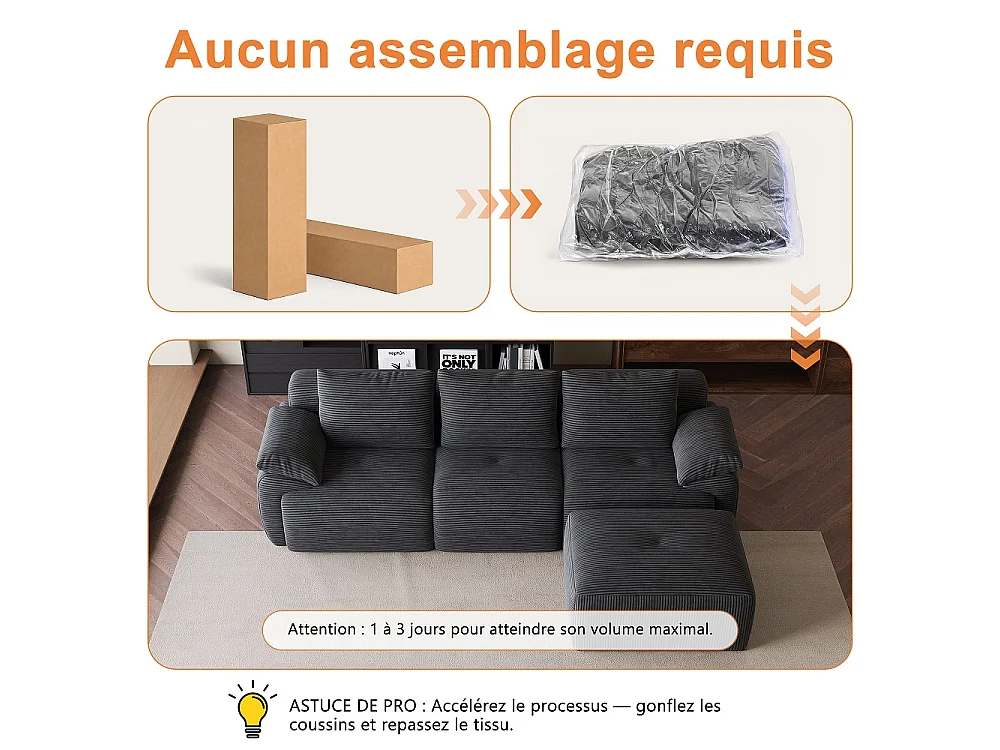 Canapé d'angle modulaire en forme de L - Canapé sans os avec fonction de sommeil, canapé d'angle, 3 dossiers et 4 coussins - Tissu Corduroy - Gris