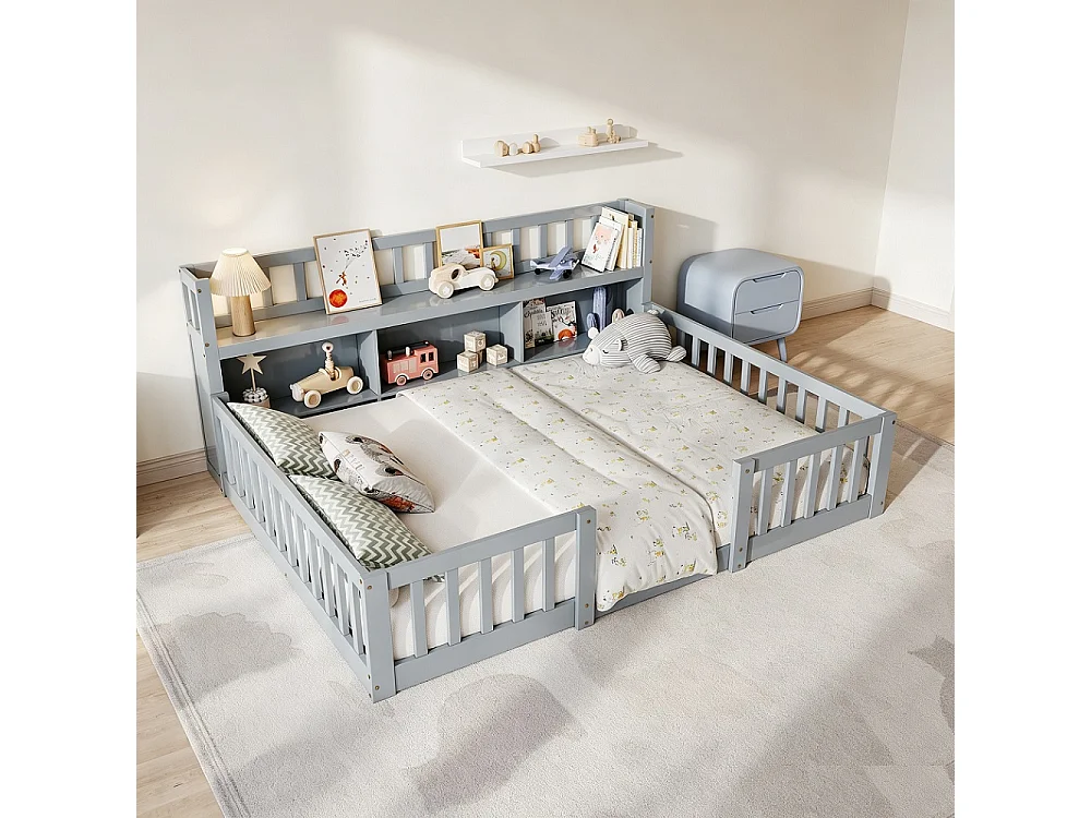 Lit pour enfants - 140 x 200cm - Lit en bois massif avec grille de rangement en couches - Lit bas du plancher au plafond avec rails de sécurité de protection complè