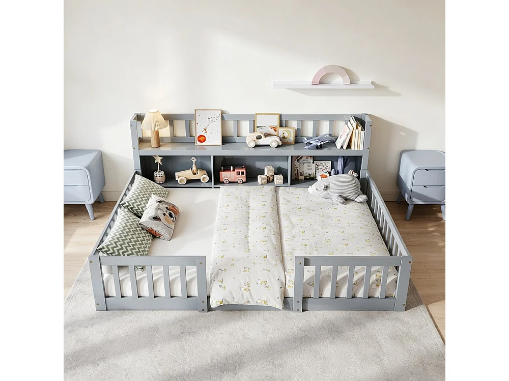 Lit pour enfants - 140 x 200cm - Lit en bois massif avec grille de rangement en couches - Lit bas du plancher au plafond avec rails de sécurité de protection complè