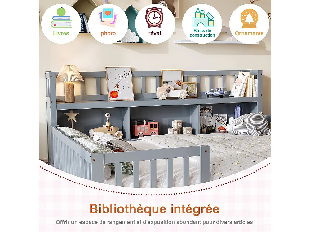 Lit pour enfants - 140 x 200cm - Lit en bois massif avec grille de rangement en couches - Lit bas du plancher au plafond avec rails de sécurité de protection complè