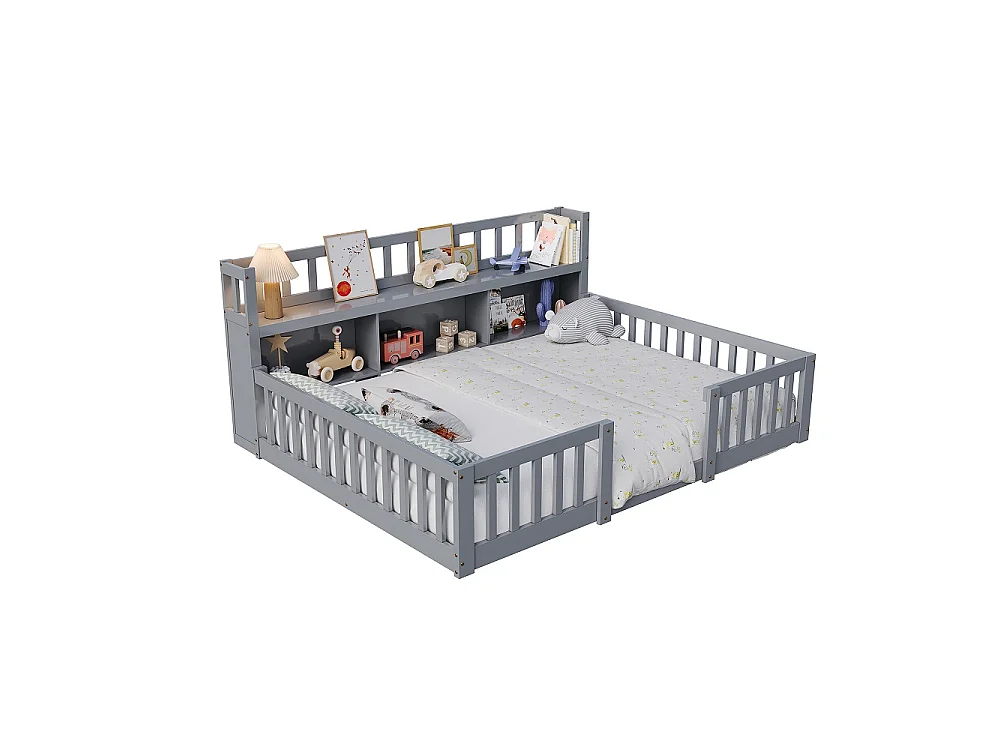 Lit pour enfants - 140 x 200cm - Lit en bois massif avec grille de rangement en couches - Lit bas du plancher au plafond avec rails de sécurité de protection complè