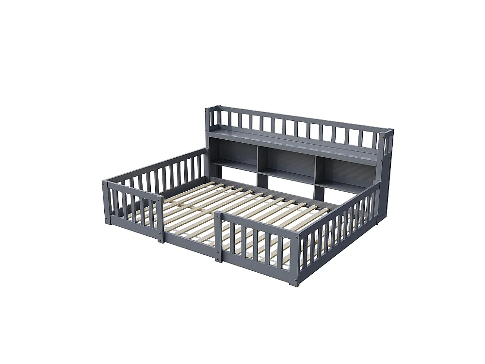 Lit pour enfants - 140 x 200cm - Lit en bois massif avec grille de rangement en couches - Lit bas du plancher au plafond avec rails de sécurité de protection complè
