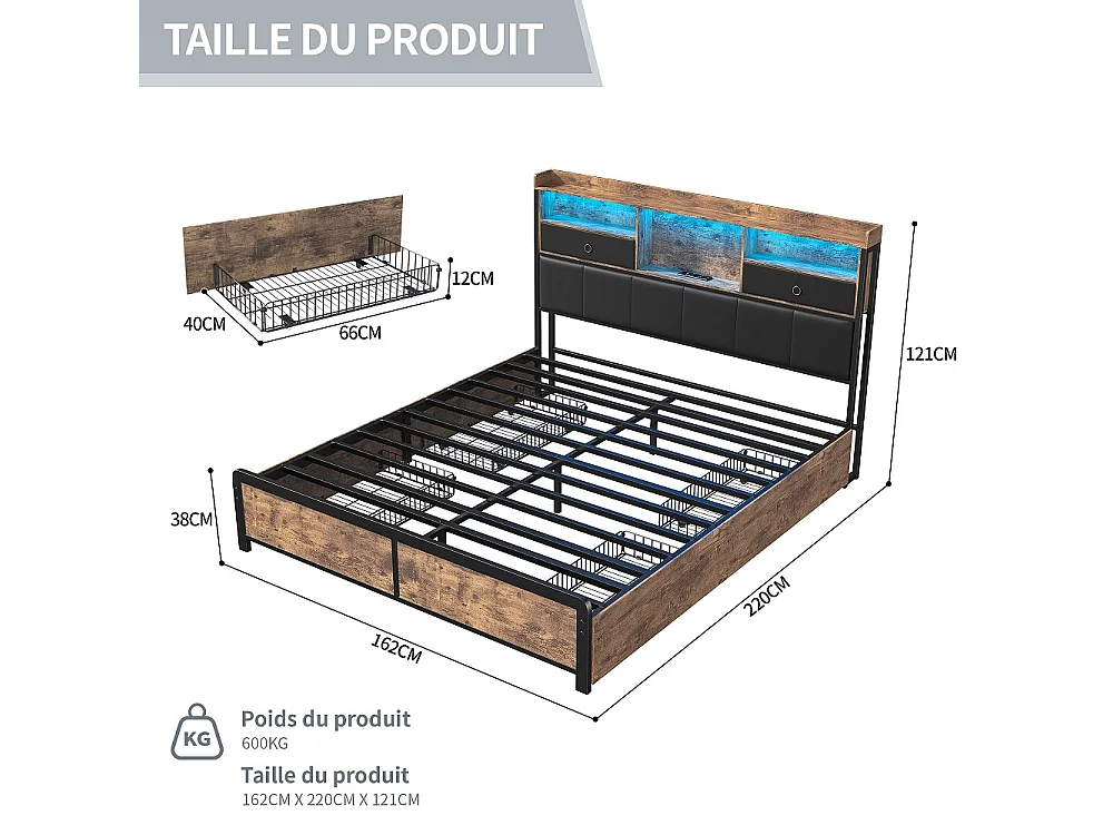 Lit en métal - 160 x 200 cm - Lit de rangement avec 4 tiroirs - Lit double avec tiroirs LED Cabinet et station de charge - pu - marron