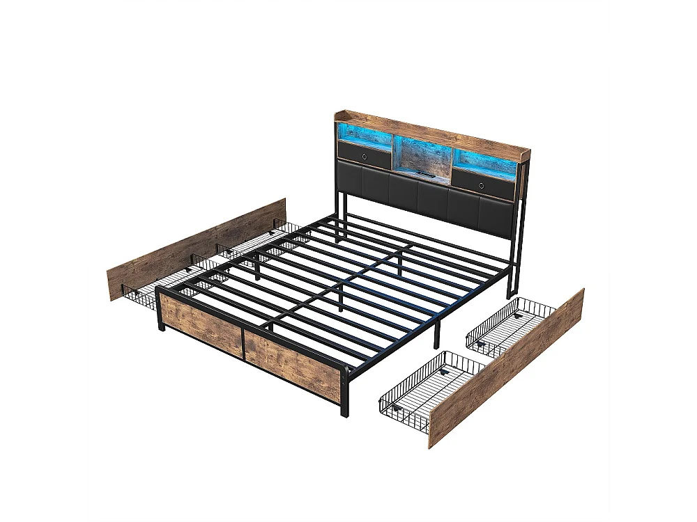 Lit en métal - 160 x 200 cm - Lit de rangement avec 4 tiroirs - Lit double avec tiroirs LED Cabinet et station de charge - pu - marron