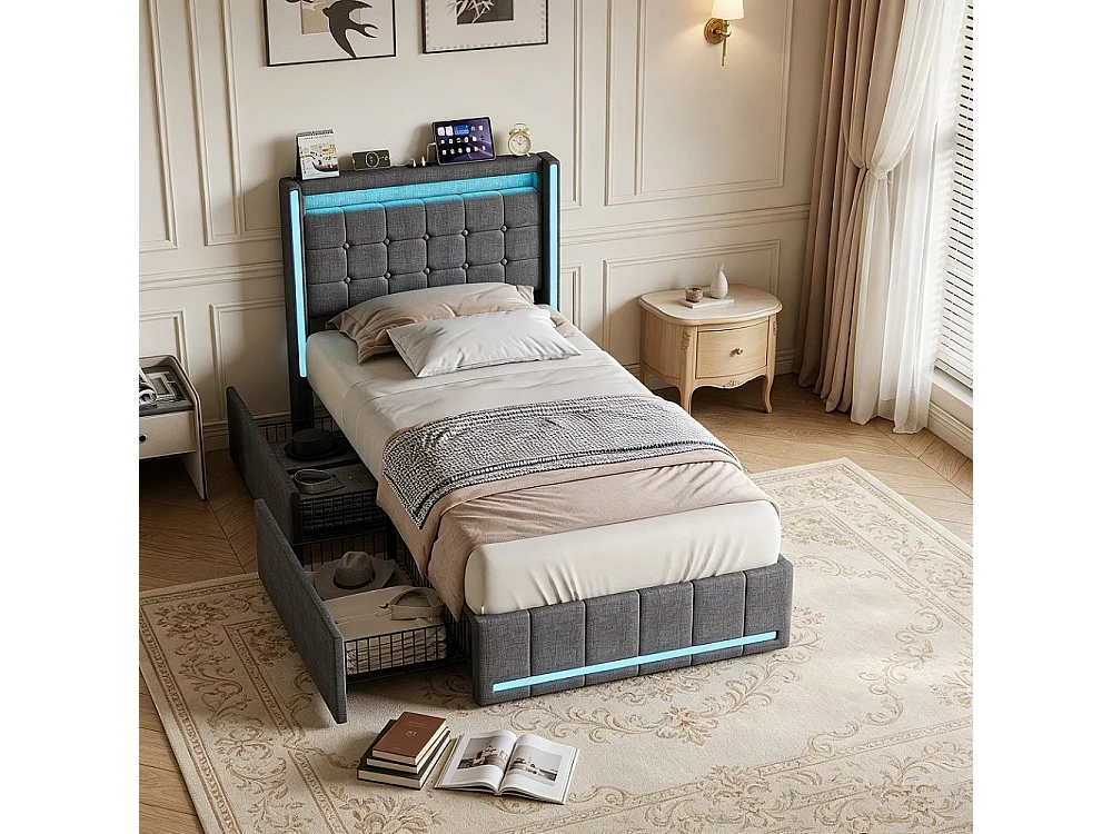 Lit rembourré - 90 x 200 cm - Lit simple avec espace de rangement, LED & USB-C - Lit jeunesse avec 2 tiroirs - Lit de rangement sans matelas - Linge de maison - gri