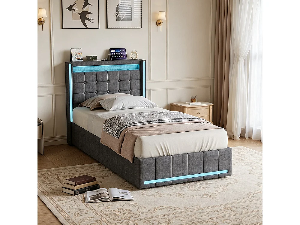 Lit rembourré - 90 x 200 cm - Lit simple avec espace de rangement, LED & USB-C - Lit jeunesse avec 2 tiroirs - Lit de rangement sans matelas - Linge de maison - gri