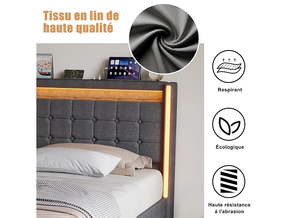 Lit rembourré - 90 x 200 cm - Lit simple avec espace de rangement, LED & USB-C - Lit jeunesse avec 2 tiroirs - Lit de rangement sans matelas - Linge de maison - gri