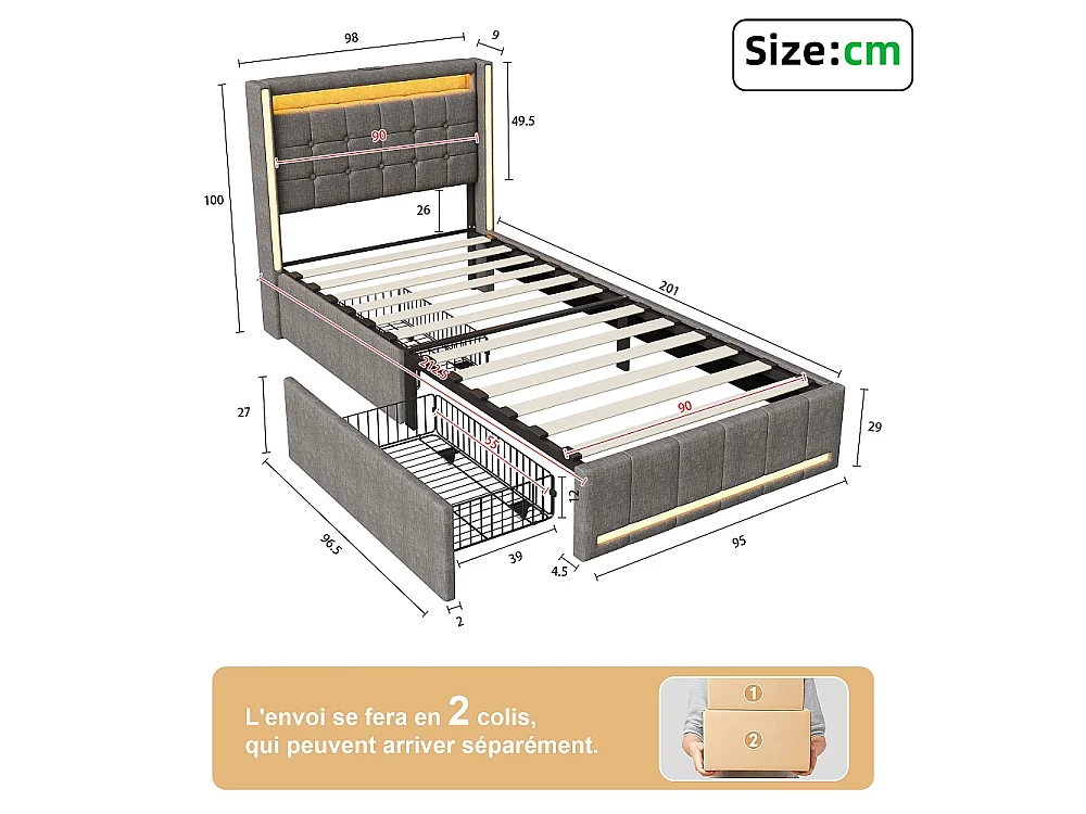 Lit rembourré - 90 x 200 cm - Lit simple avec espace de rangement, LED & USB-C - Lit jeunesse avec 2 tiroirs - Lit de rangement sans matelas - Linge de maison - gri