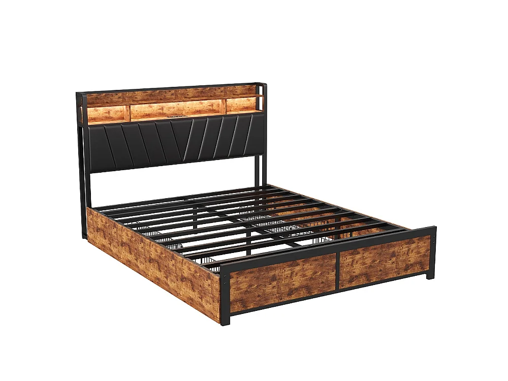 Lit en métal 180 x 200 cm, avec 4 tiroirs - Lit rembourré avec USB et LED - Lit double avec cadre à lames et tête - PU - Brown
