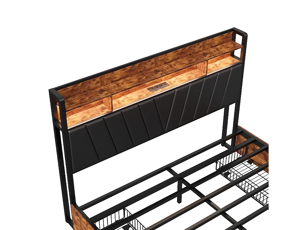 Lit en métal 180 x 200 cm, avec 4 tiroirs - Lit rembourré avec USB et LED - Lit double avec cadre à lames et tête - PU - Brown