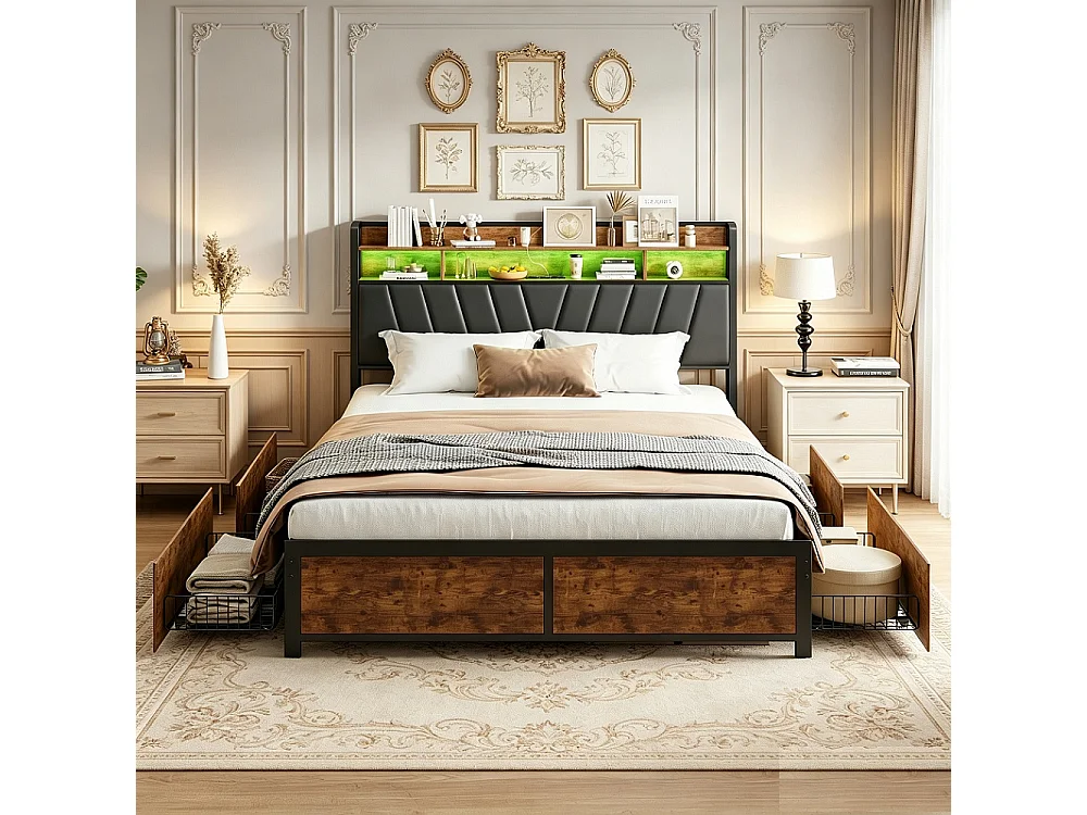 Lit en métal 160 x 200 cm, avec 4 tiroirs - Lit rembourré avec USB et LED - Lit double avec cadre à lames et tête - PU - Brown