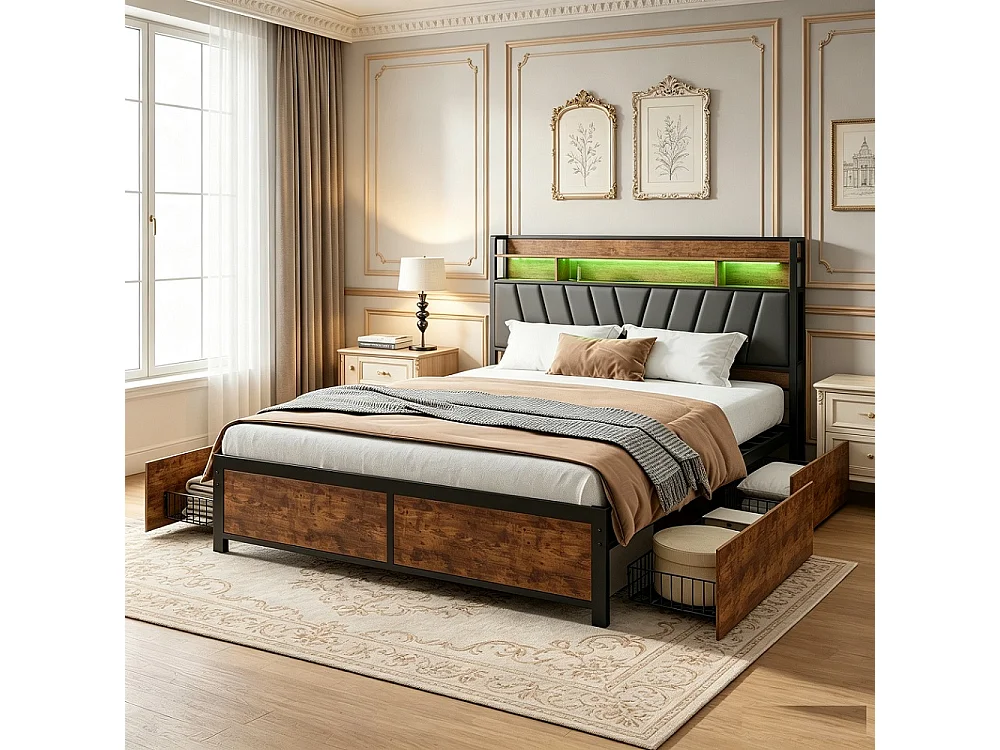 Lit en métal 160 x 200 cm, avec 4 tiroirs - Lit rembourré avec USB et LED - Lit double avec cadre à lames et tête - PU - Brown
