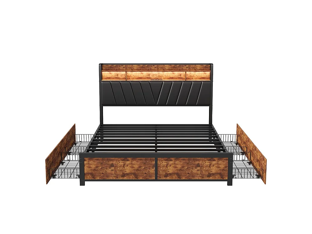 Lit en métal 140 x 200 cm, avec 4 tiroirs - Lit rembourré avec USB et LED - Lit double avec cadre à lames et tête - PU - Brown